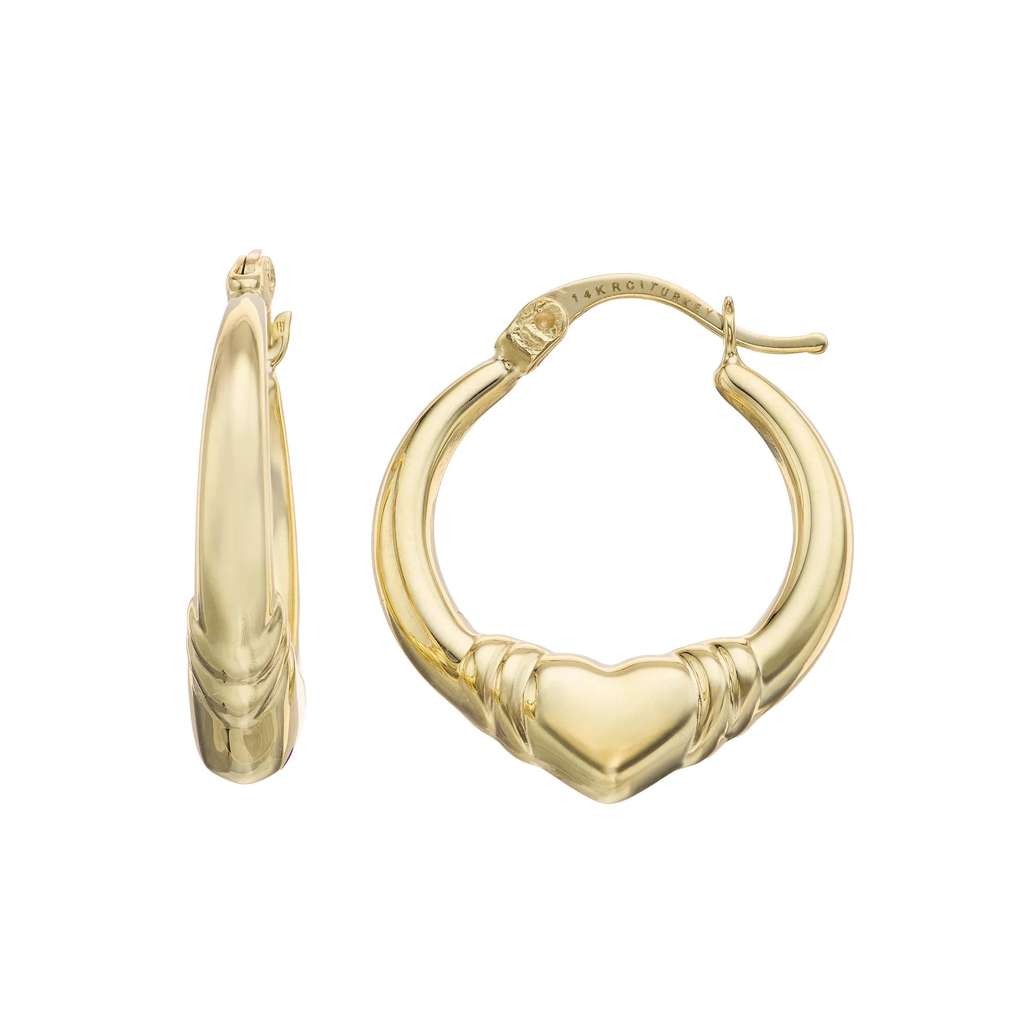 14k Gold Heart Hoop Earrings, Women's Product Image