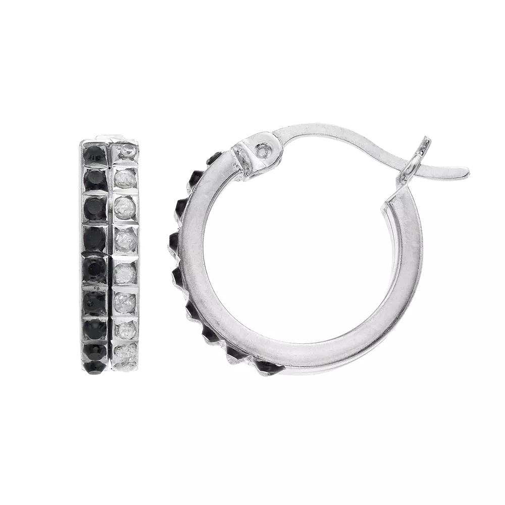 Platinum Over Silver Black & White Diamond Mystique Hoop Earrings, Women's, Silver Tone Product Image