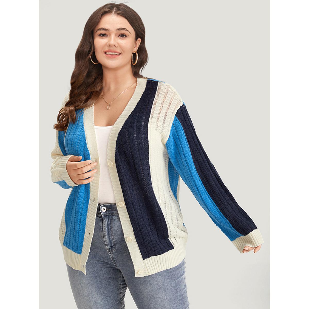 Plus Size Colorblock Contrast Button Down Drop Shoulder Cardigan Blue Women Casual Loose Long Sleeve Everyday Cardigans BloomChic 22-24/3X Product Image