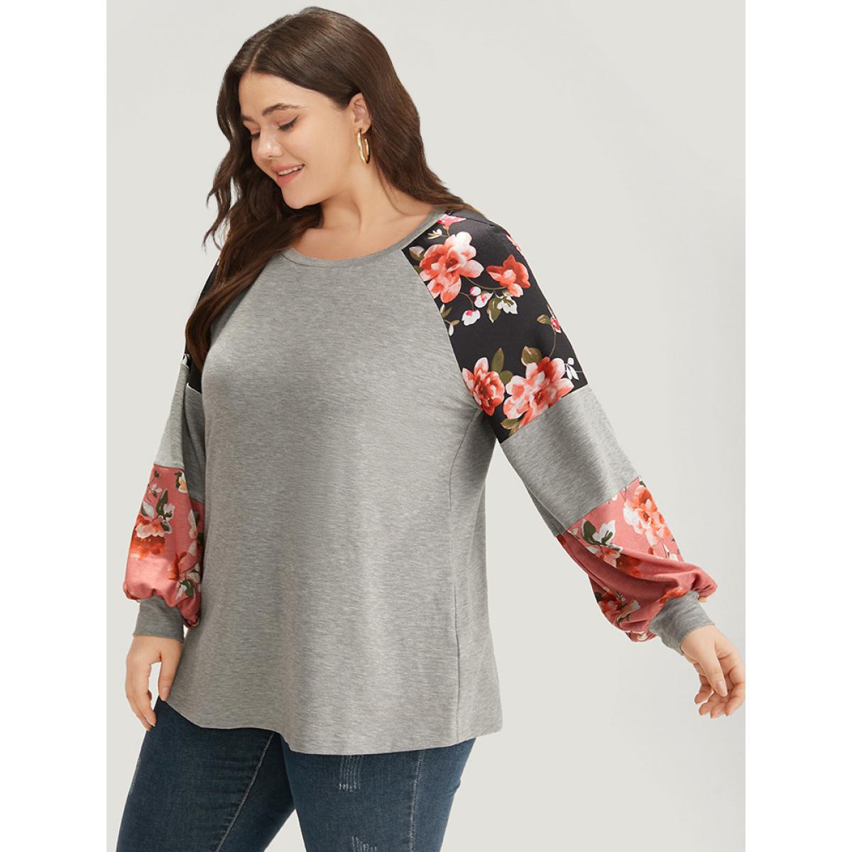 Plus Size Colorblock Contrast Floral Crew Neck Raglan Sleeve Sweatshirt Women Gray Casual Elastic cuffs Round Neck Dailywear Sweatshirts BloomChic 30/6X Product Image
