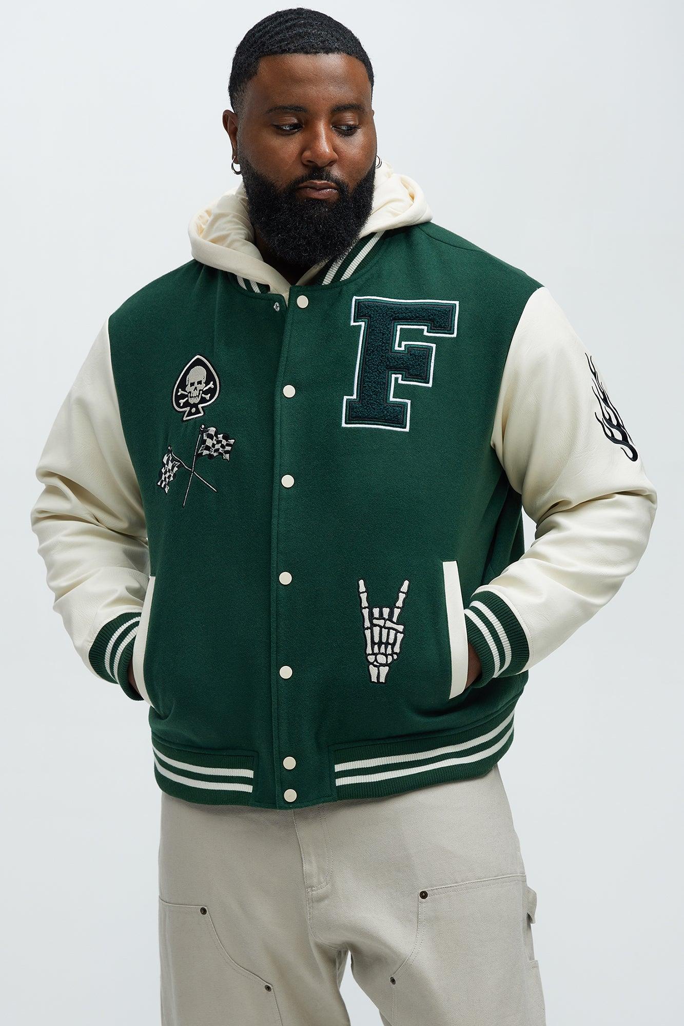 Biker Faux Leather Varsity Jacket - Green/combo Product Image
