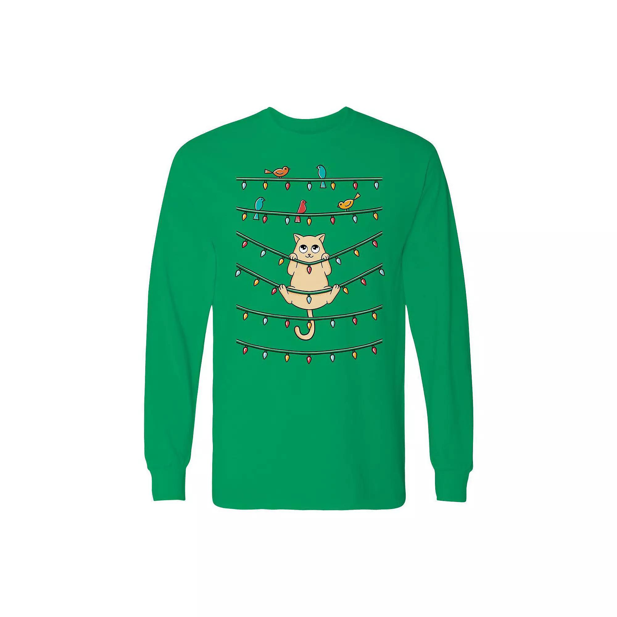 Men's Cat and Birds Christmas Long Sleeve Graphic Tee, Size: XXL, Irish Green Product Image
