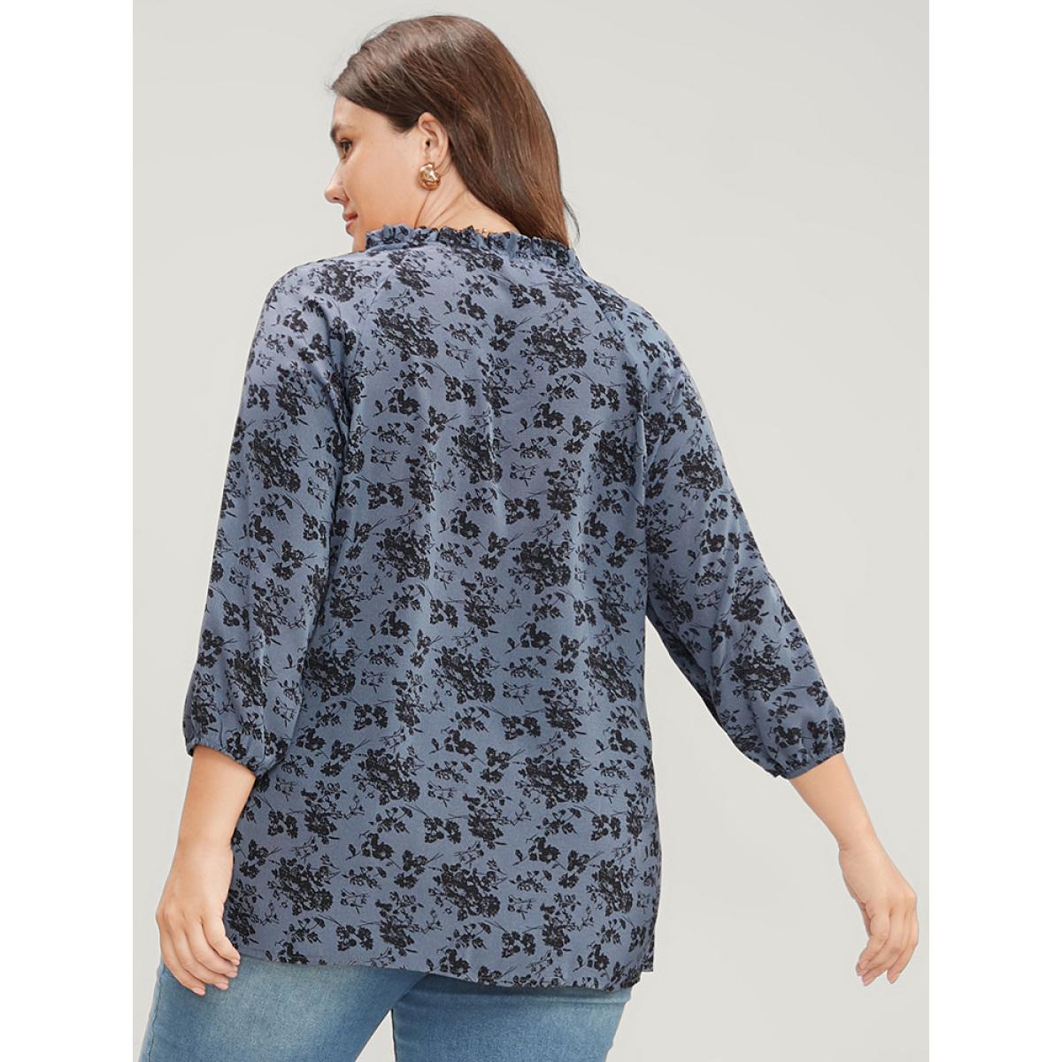Plus Size Stone Floral Print Lantern Sleeve Tie V Neck Blouse Women Elegant Elbow-length sleeve V-neck Dailywear Blouses BloomChic 28/5X Product Image