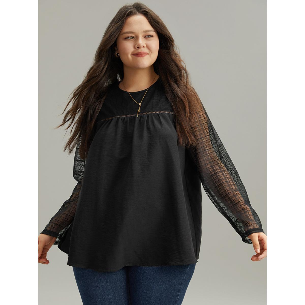 Plus Size Black Solid Keyhole Mesh Plicated Detail Blouse Women Glamour Long Sleeve Round Neck Going out Blouses BloomChic 12/L Product Image