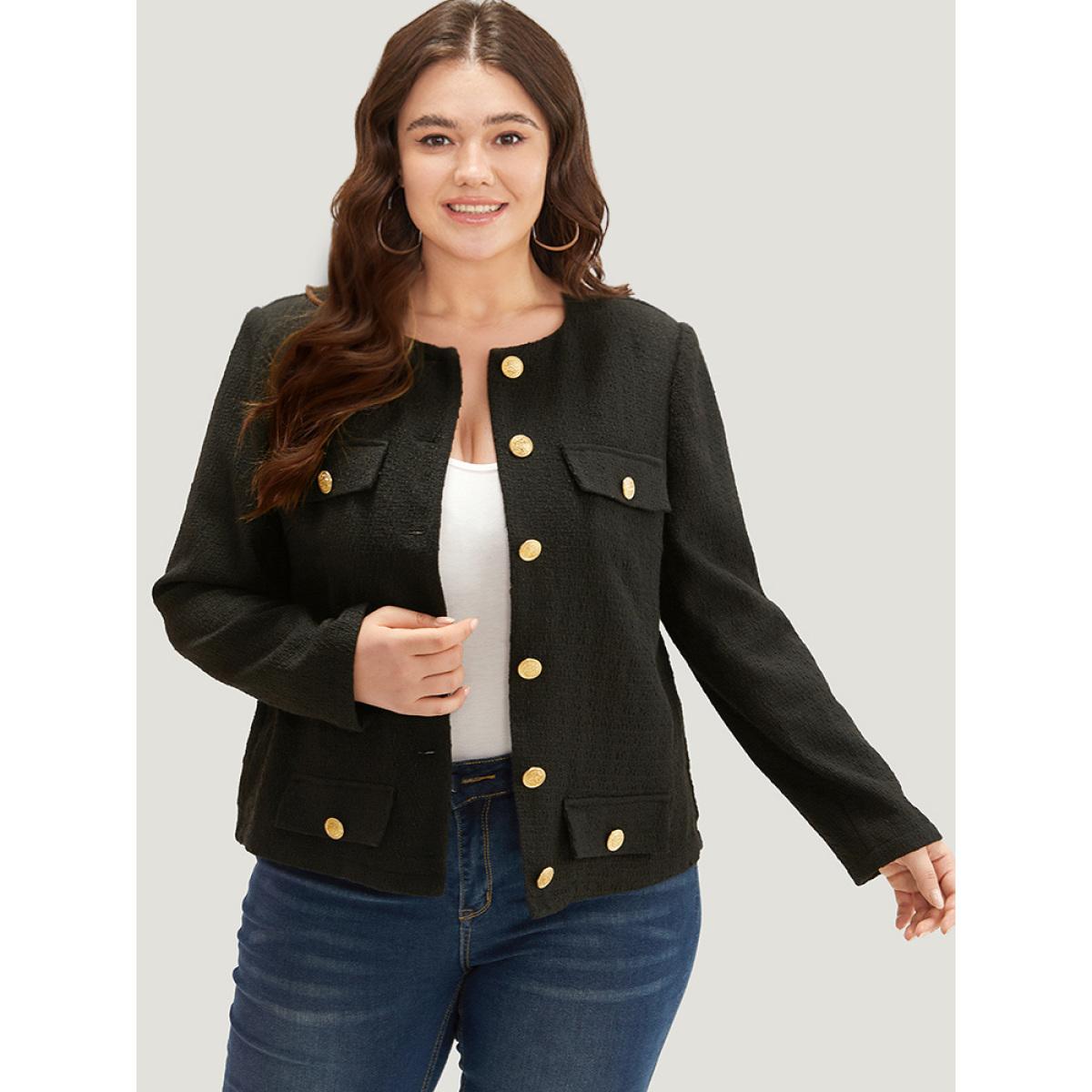 Plus Size Plain Tweed Texture Buckle Detail Blazer Women Black Texture Office Jackets BloomChic 10/M Product Image