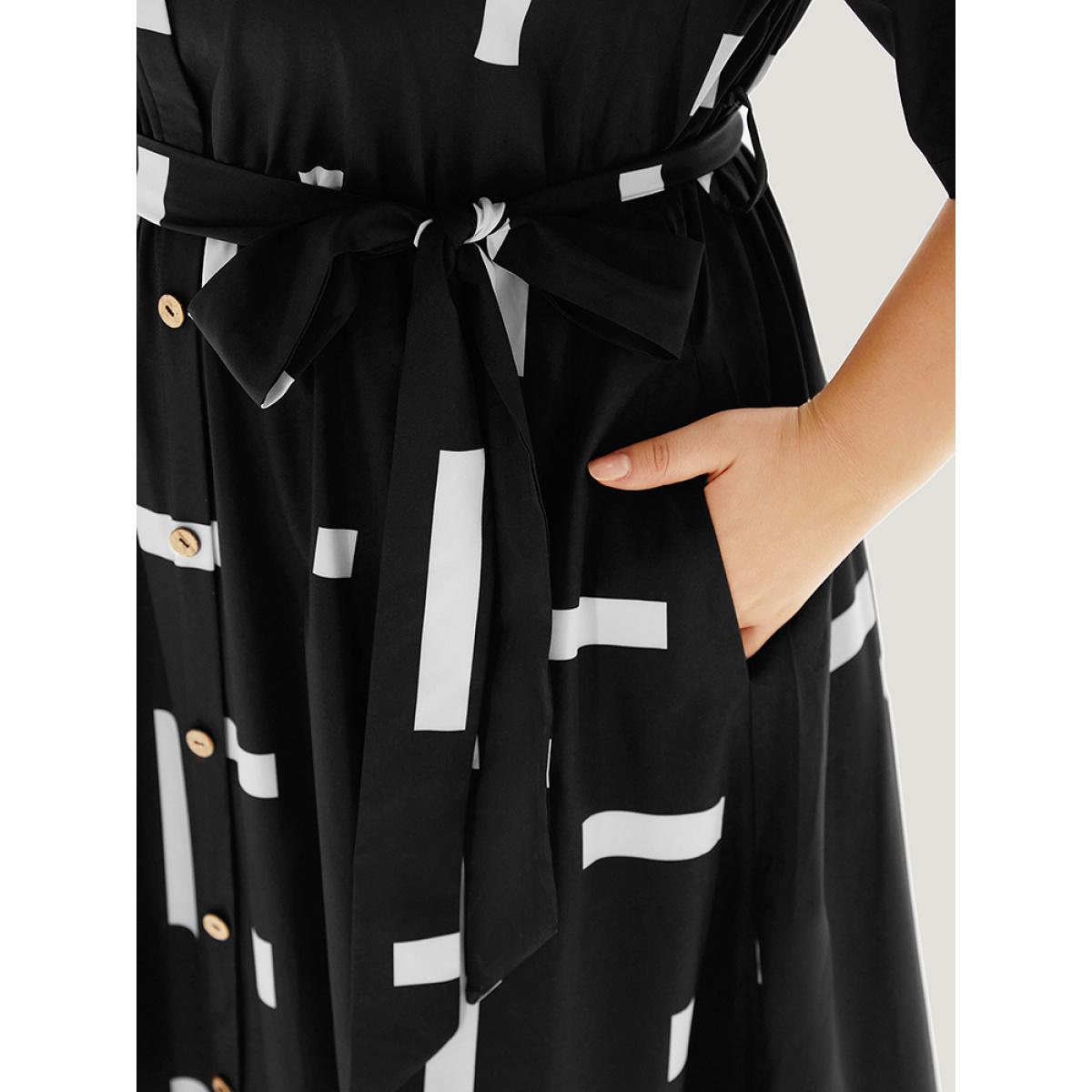 Plus Size Geometric Print Shirt Collar Button Up Belted Dress Black Women Office Belted Shirt collar Short sleeve Curvy Midi Dress BloomChic 30/6X Product Image