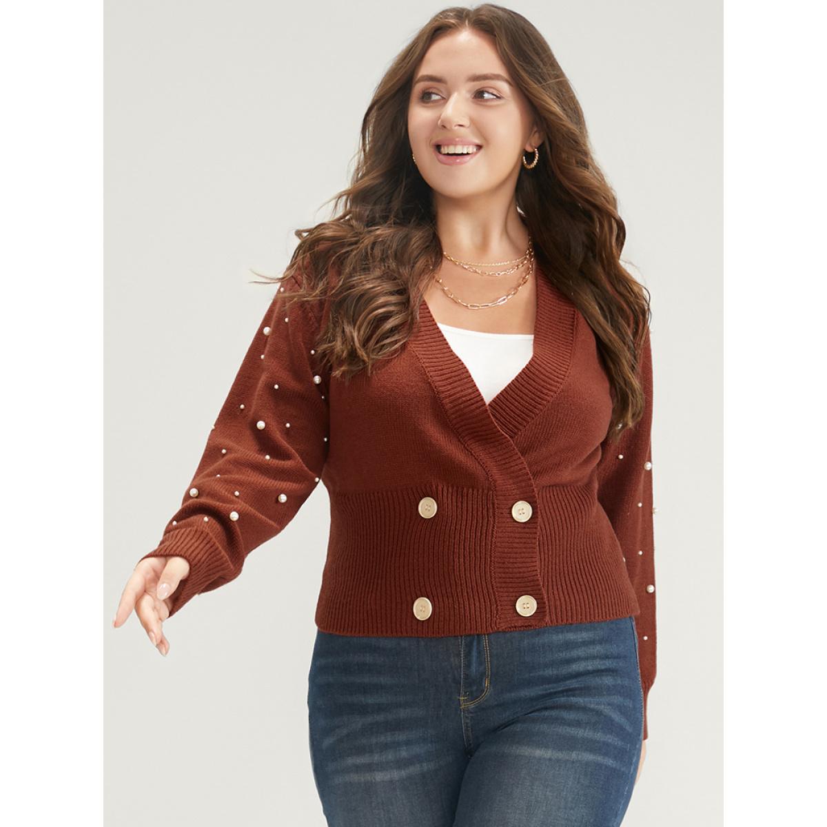 Plus Size Solid Pointelle Knit Pearls Beaded Button Front Knit Top Maroon Women Elegant Long Sleeve Deep V-neck Dailywear Pullovers BloomChic 22-24/3X Product Image