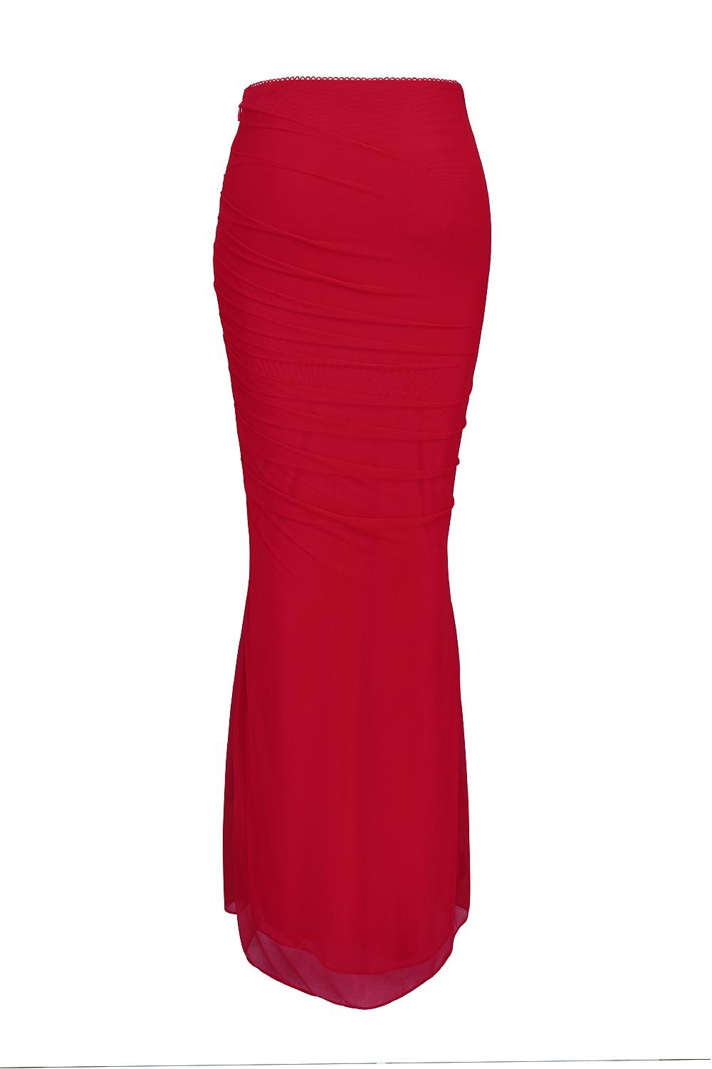 Cassidy  holly red mesh maxi skirt with fluted hem Product Image