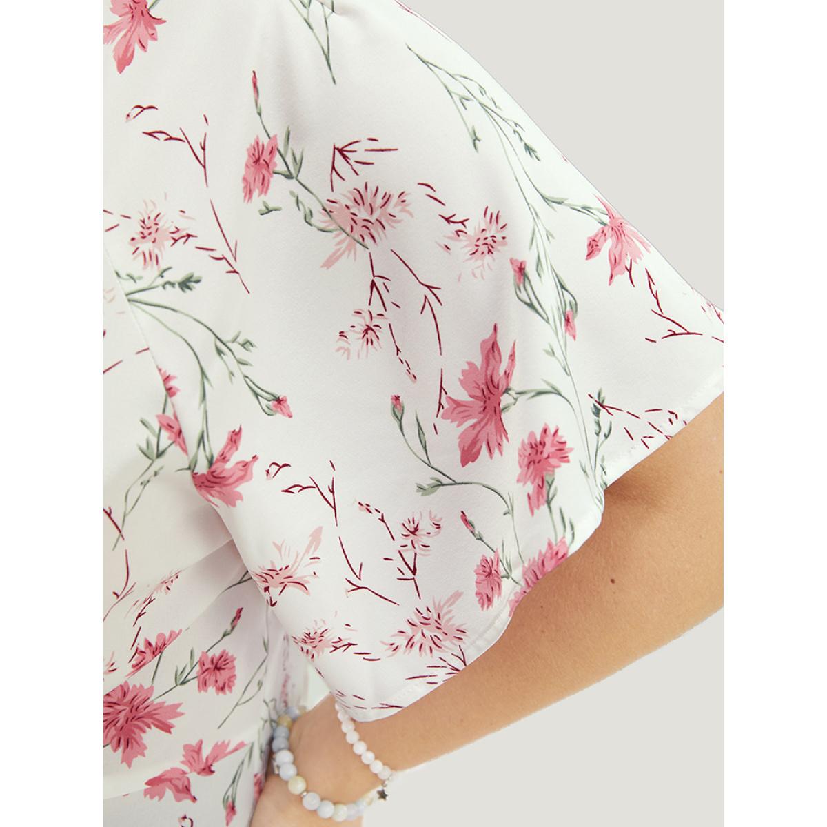 Plus Size Ivory Floral Ruffle Knyhole Raglan Sleeve Knotted Front Blouse Women Elegant Short sleeve Round Neck Dailywear Blouses BloomChic 10/M Product Image