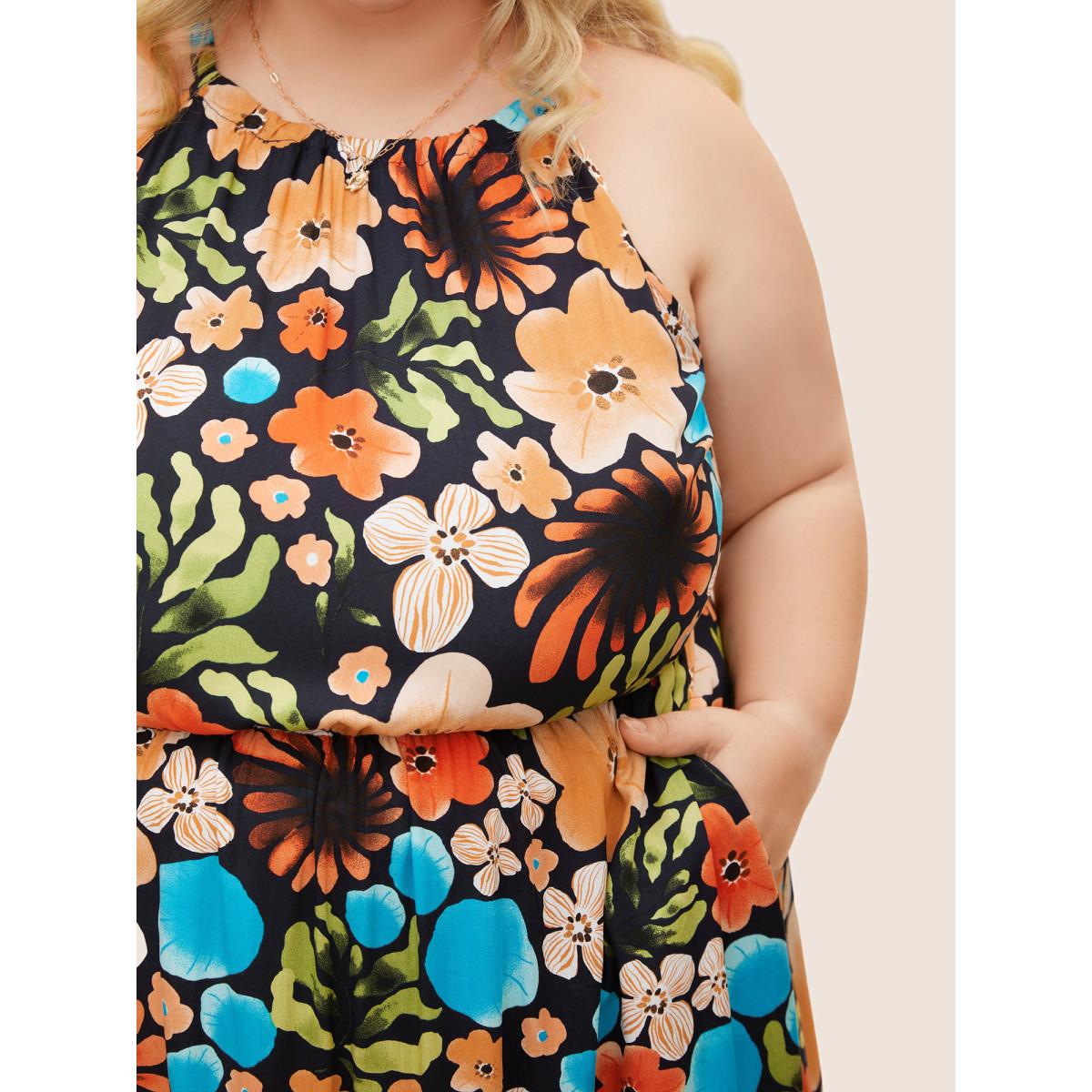 Plus Size Floral Printed Patchwork Side Seam Pocket Dress Indigo Women Resort Gathered Non Sleeveless Curvy BloomChic 26/4X Product Image