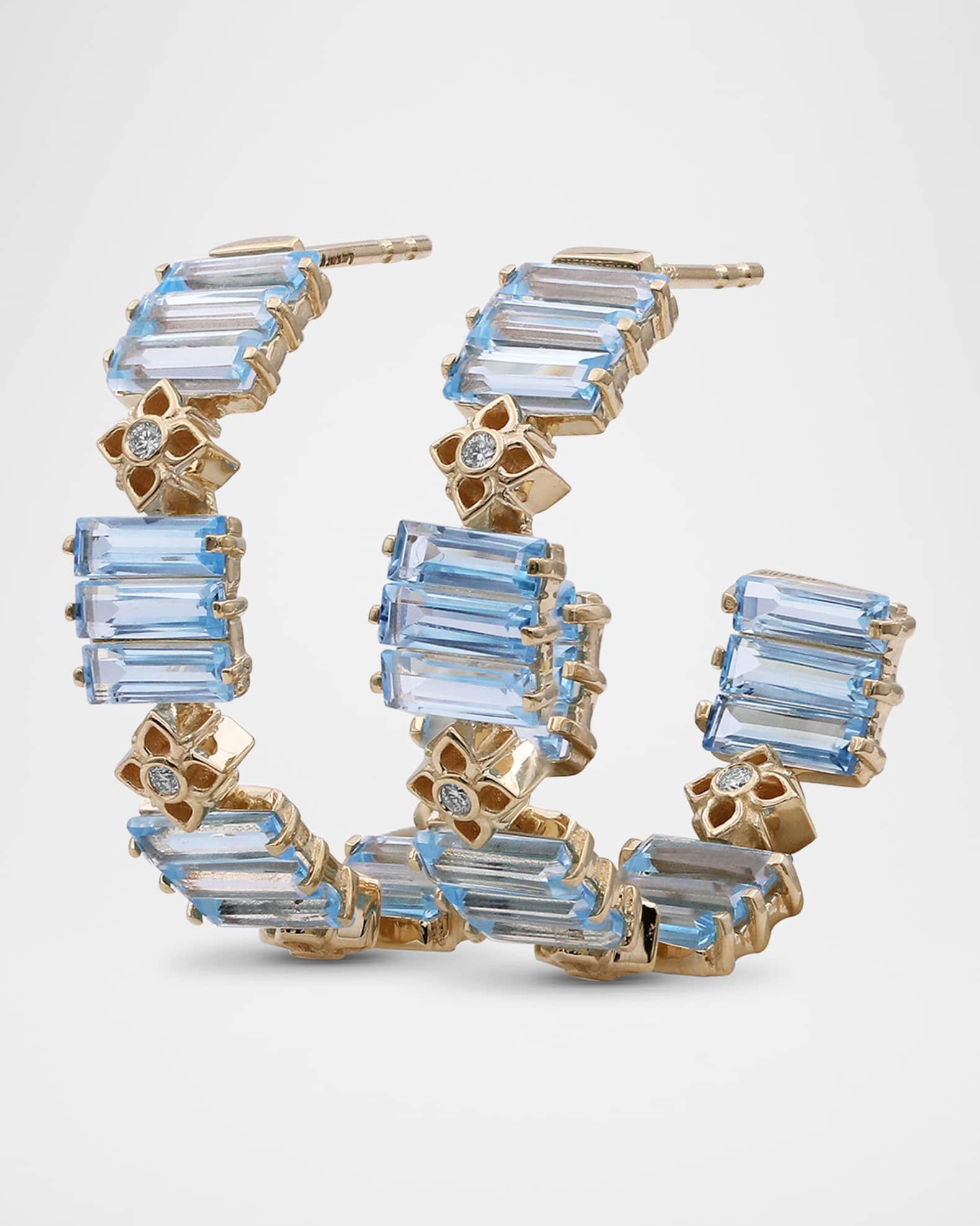 18K Yellow Gold Diamond and Baguette Swiss Blue Topaz Hoop Earrings Product Image