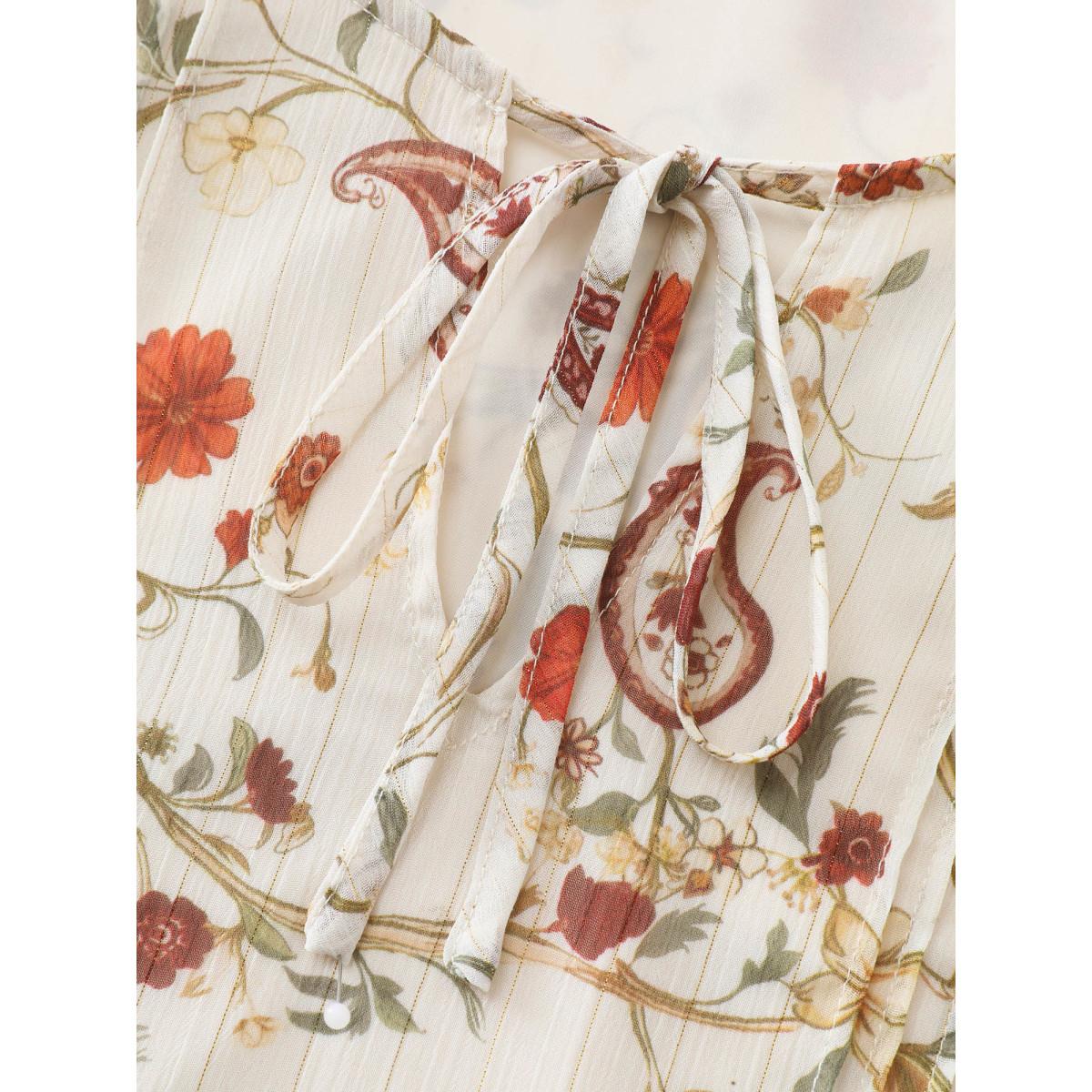 Plus Size Beige Floral Print Toothpick Pleats Blouse Women Timeless Extra Long Sleeve Round Neck Elegant Blouses BloomChic 14-16/1X Product Image