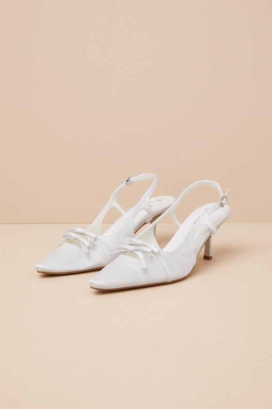 Jeneva White Satin Pointed-Toe Slingback Pumps Product Image