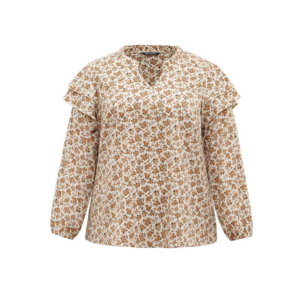 Plus Size Apricot Ditsy Floral Notched Tiered Ruffles Lantern Sleeve Blouse Women Elegant Long Sleeve Notched collar Dailywear Blouses BloomChic 18-20/2X Product Image