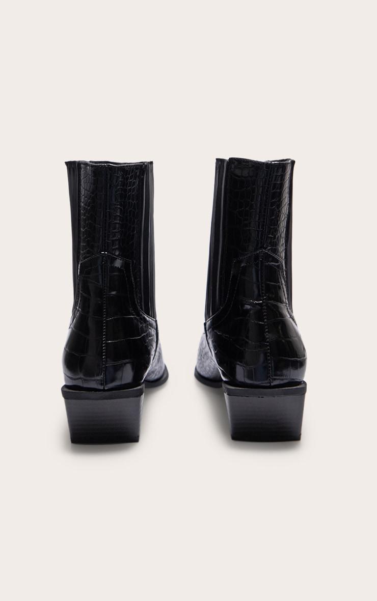 Black Croc PU Point Toe Low Block Heel Western Ankle Boots Product Image