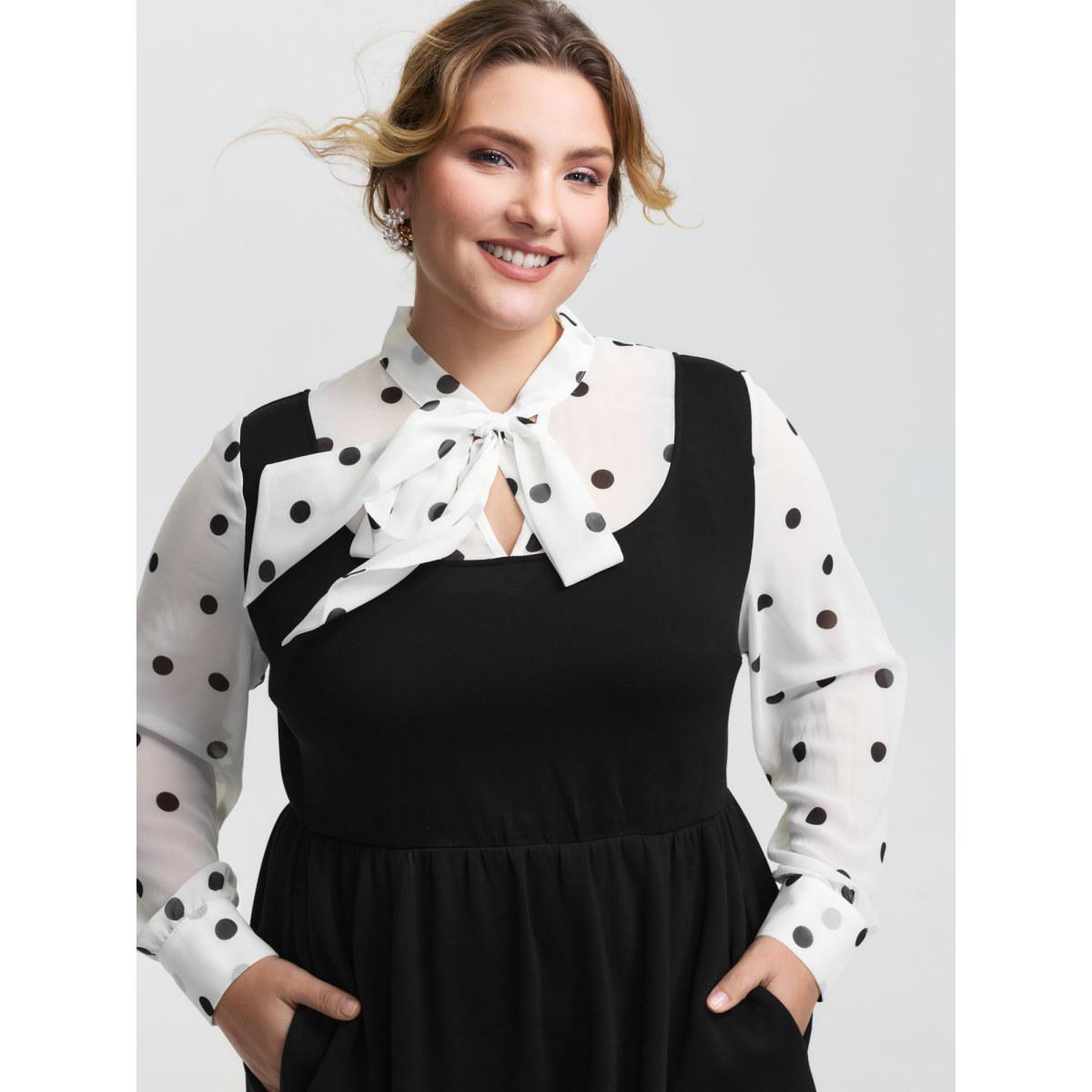 Plus Size Polka Dot Neck Tie Midi Dress Black Women Retro Ribbon-tied collar Long Sleeve Curvy BloomChic 28/5X Product Image
