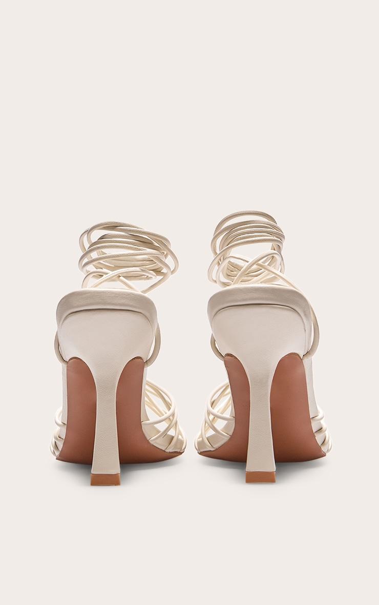 Cream PU Gold Buckle Round Toe Lace Up Heeled Sandals Product Image