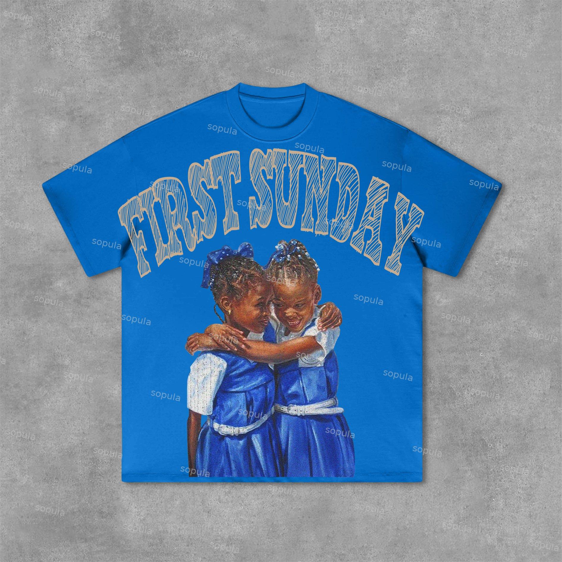 Retro First Sunday Faith Graphic Print Cotton T-Shirt Product Image