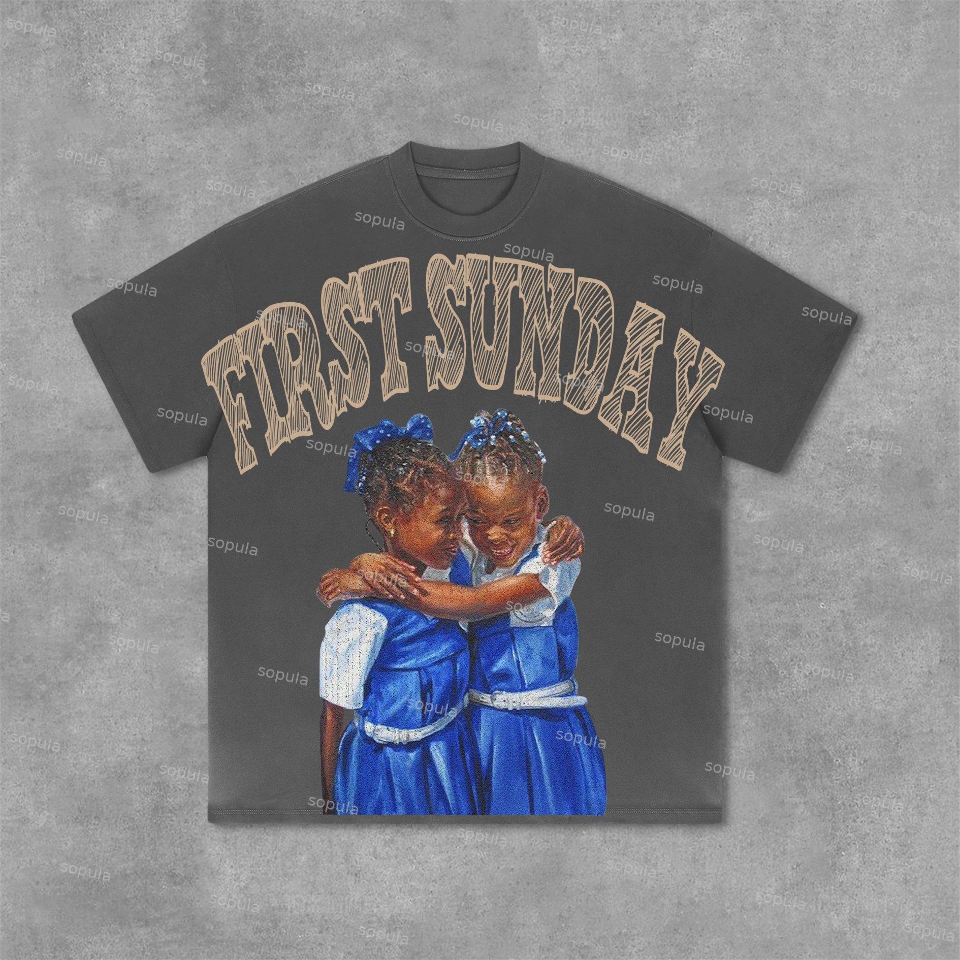 Retro First Sunday Faith Graphic Print Cotton T-Shirt Product Image