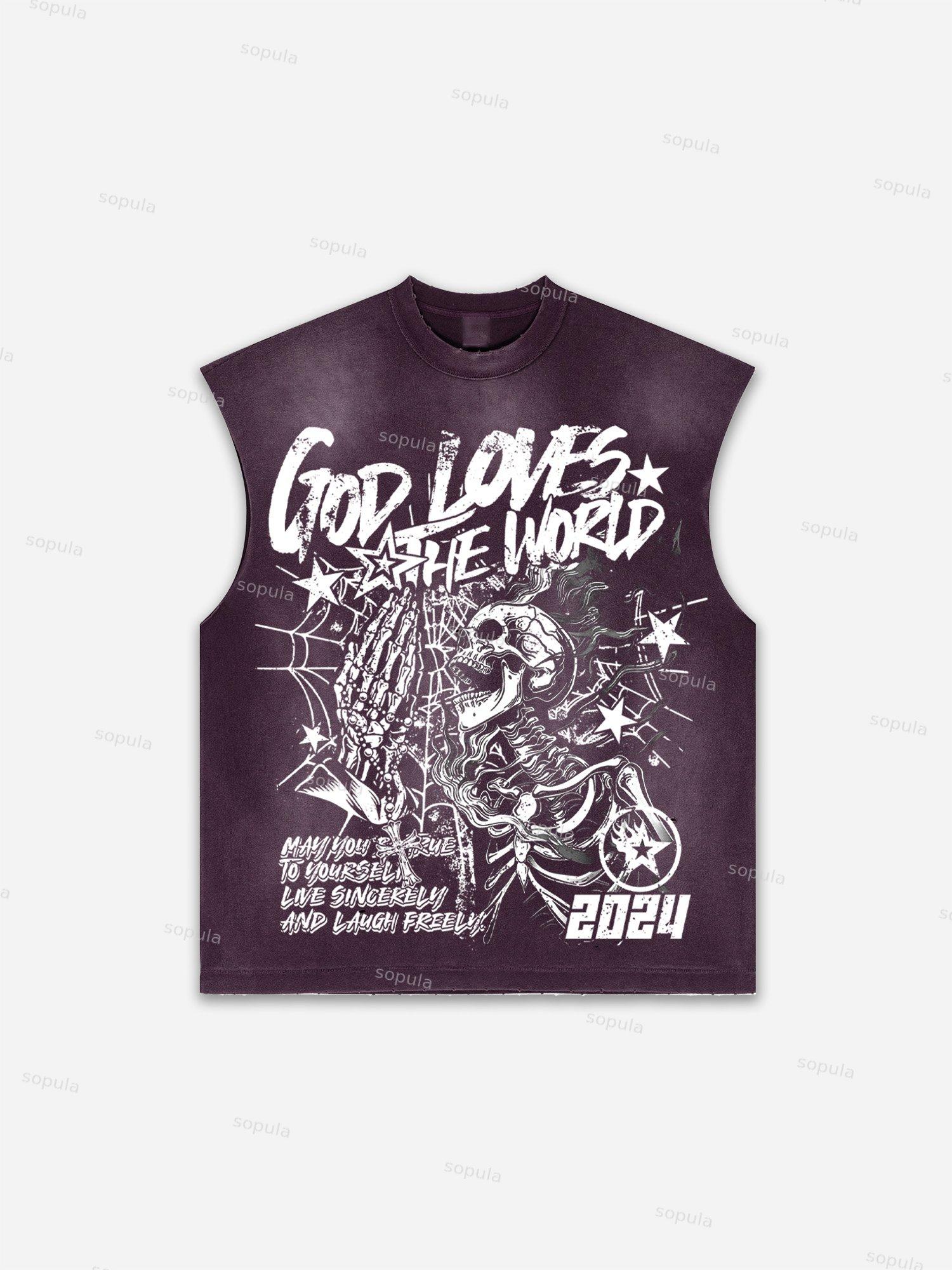 Men's Washed Street God Loves The World Graphic Tank Top Product Image