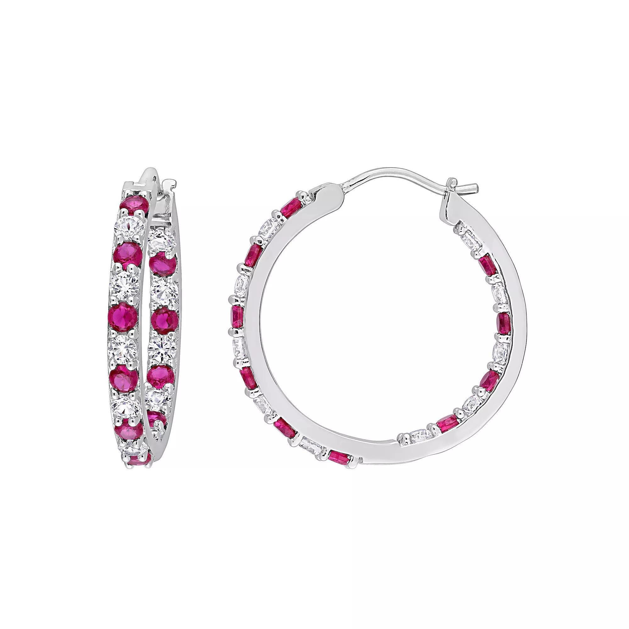 Stella Grace Sterling Silver Lab-Created Ruby & Lab-Created White Sapphire Inside-Outside Hoop Earrings, Women's Product Image