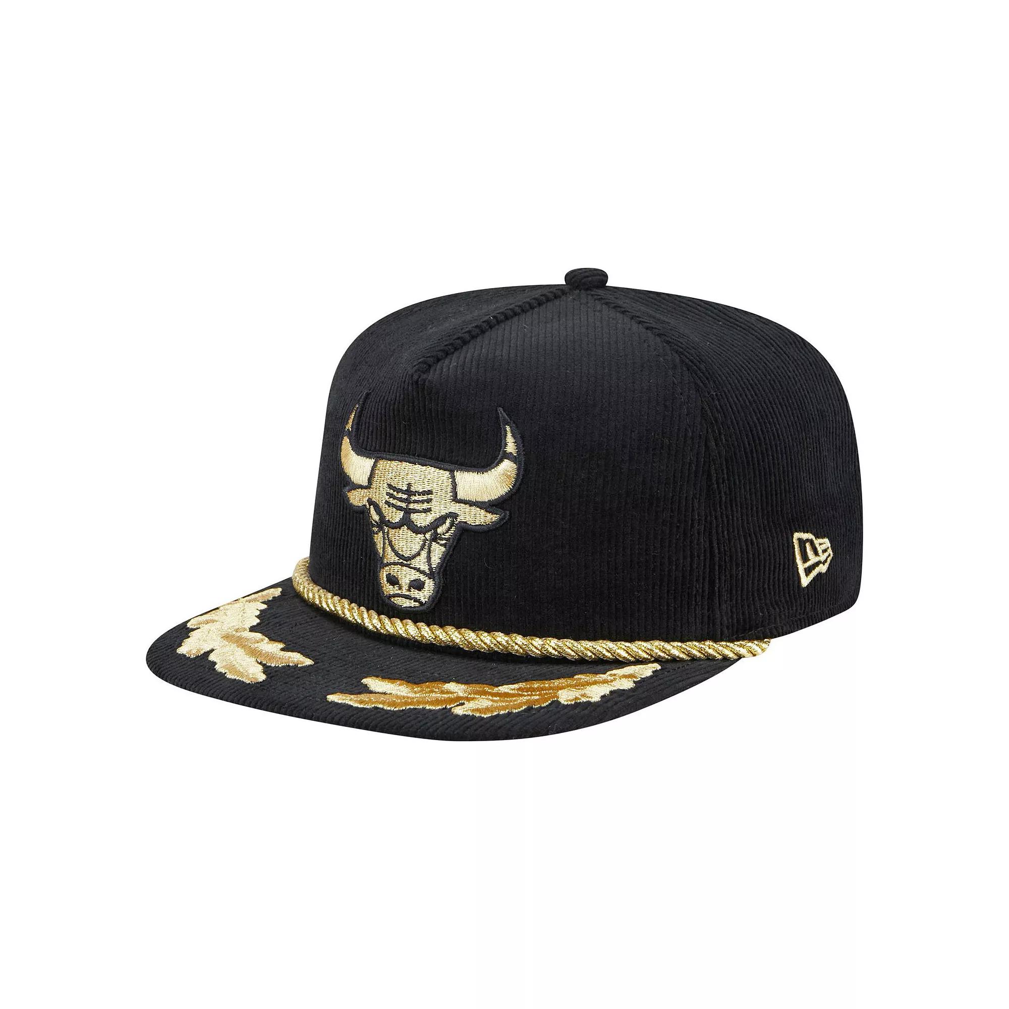 Men's New Era Black Chicago Bulls Corduroy Gold Leaf Golfer Snapback Hat Product Image