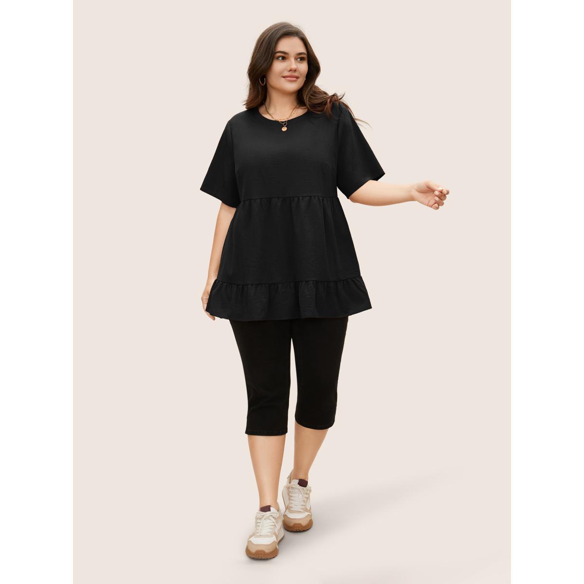 Plus Size Black Solid Crew Neck Ruffle Hem Blouse Women Casual Short sleeve Round Neck Everyday Blouses BloomChic 22-24/3X Product Image