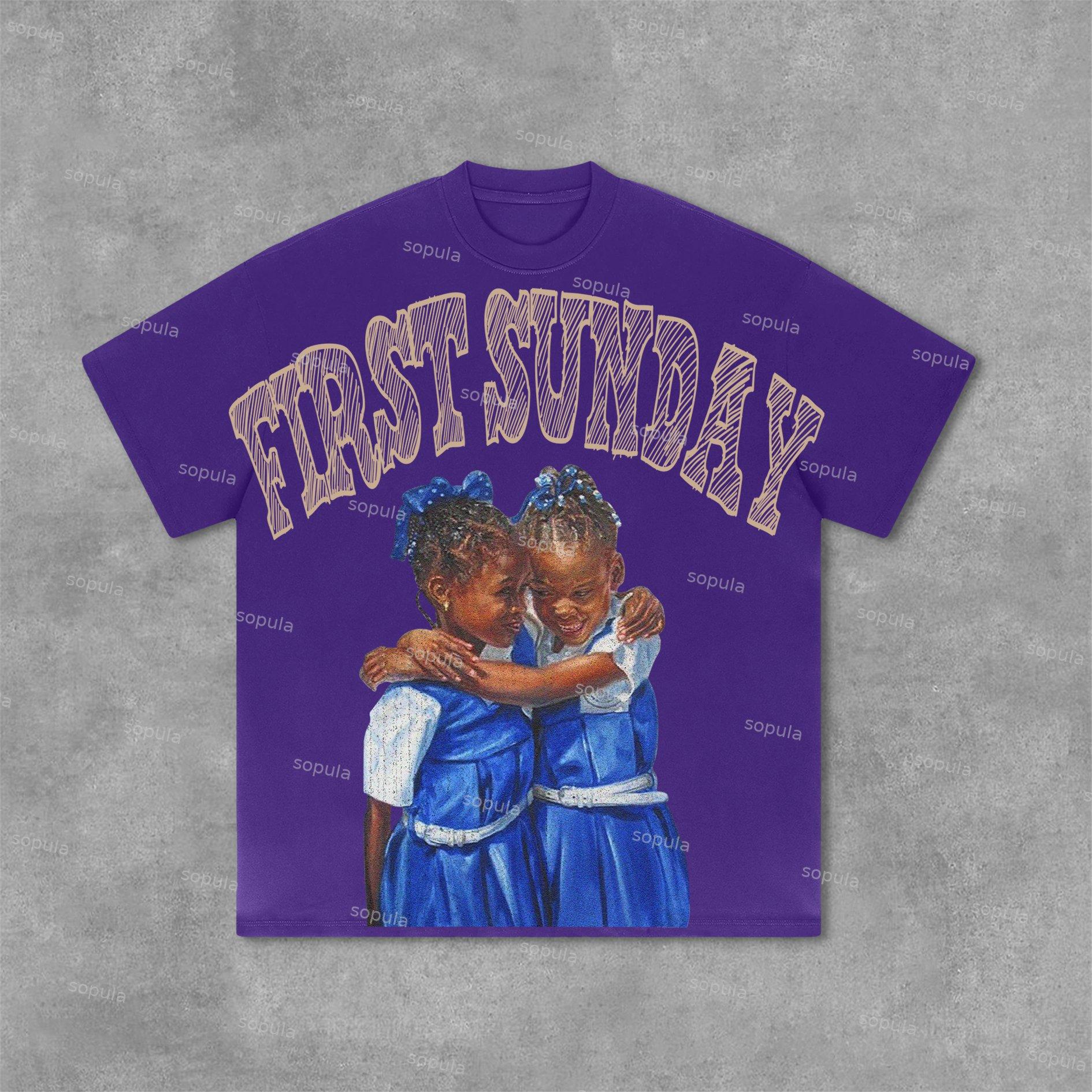 Retro First Sunday Faith Graphic Print Cotton T-Shirt Product Image