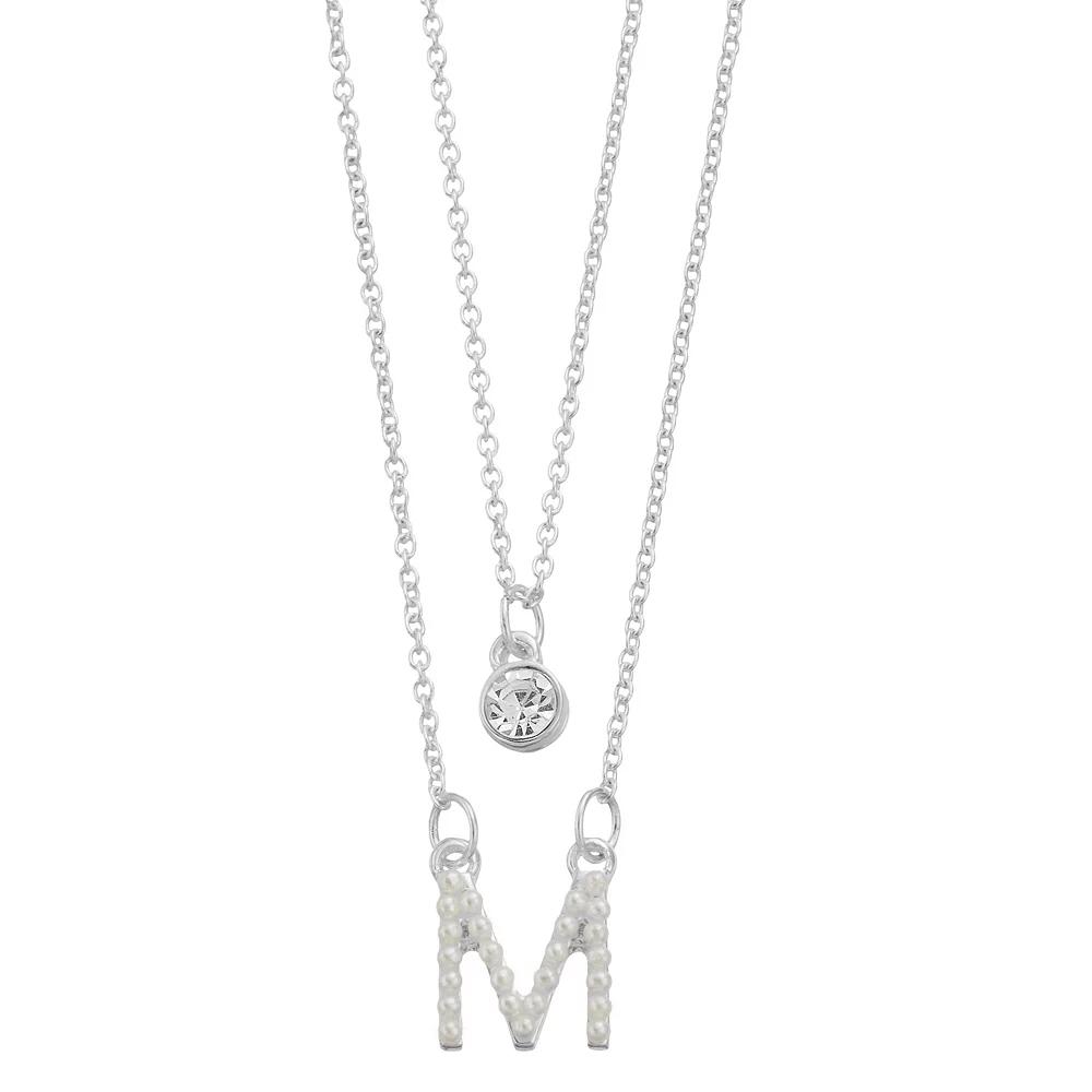 City Luxe Fine Silver Plated Cubic Zirconia & Simulated Pearl Initial Duo Necklace Set, Women's, Silver Tone J Product Image