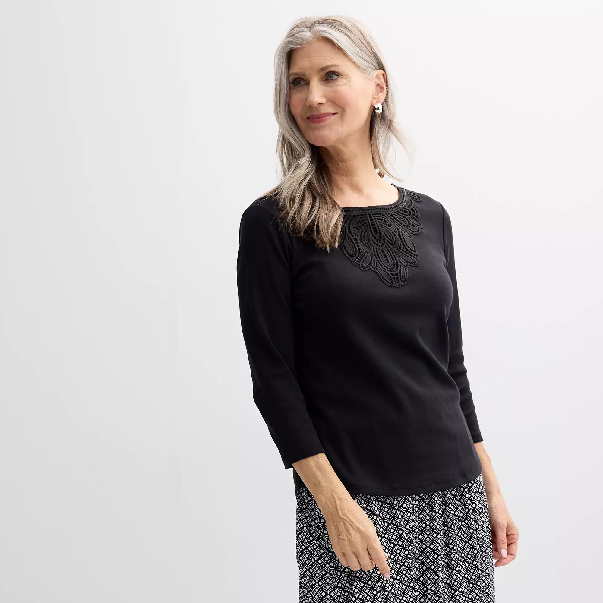 Women's Croft & Barrow® Lace Round Neck Top, Size: Small, Black Product Image