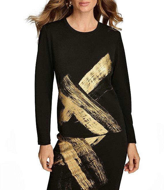 Donna Karan Gold Criss Cross Paint Crew Neck Long Sleeve Top Product Image
