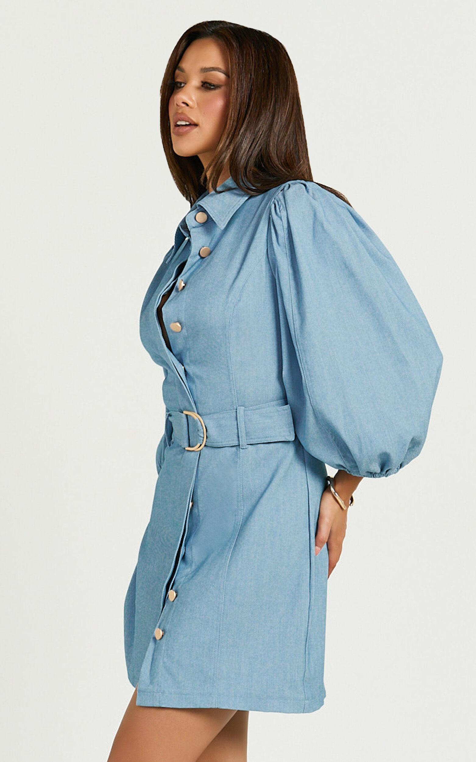 Aubrie Mini Dress - Blouson Sleeve Button Through Belted Dress with Hardware Detail in Light Blue Product Image