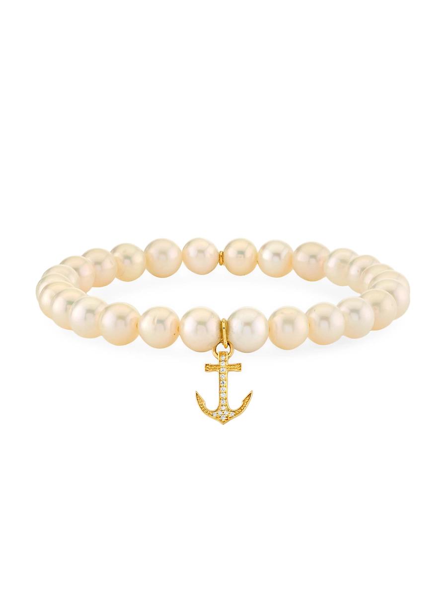 Womens Overboard 14K Yellow Gold, Freshwater Pearl & 0.06 TCW Diamond Stretch Bracelet Product Image