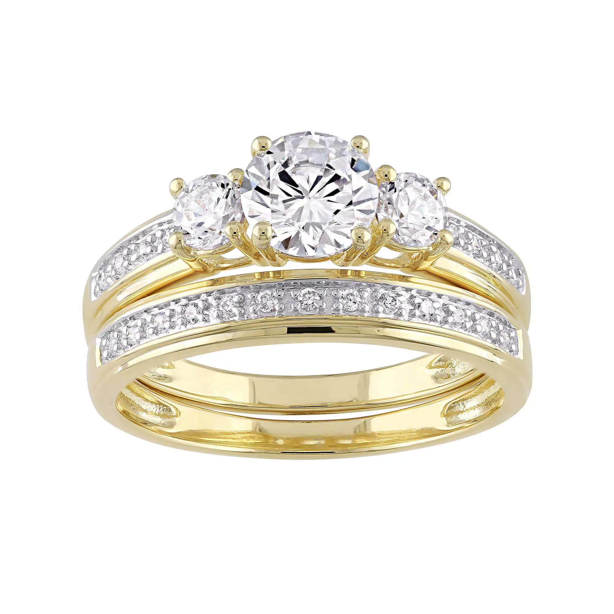 Stella Grace 18k Gold Over Silver Cubic Zirconia 3-Stone Bridal Ring Set, Women's, Size: 9, Gold Tone Product Image