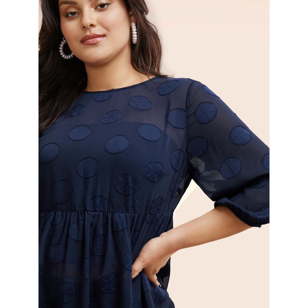 Plus Size Indigo Chiffon Textured Mesh Lantern Sleeve Blouse Women Elegant Elbow-length sleeve Round Neck Everyday Blouses BloomChic 14-16/1X Product Image
