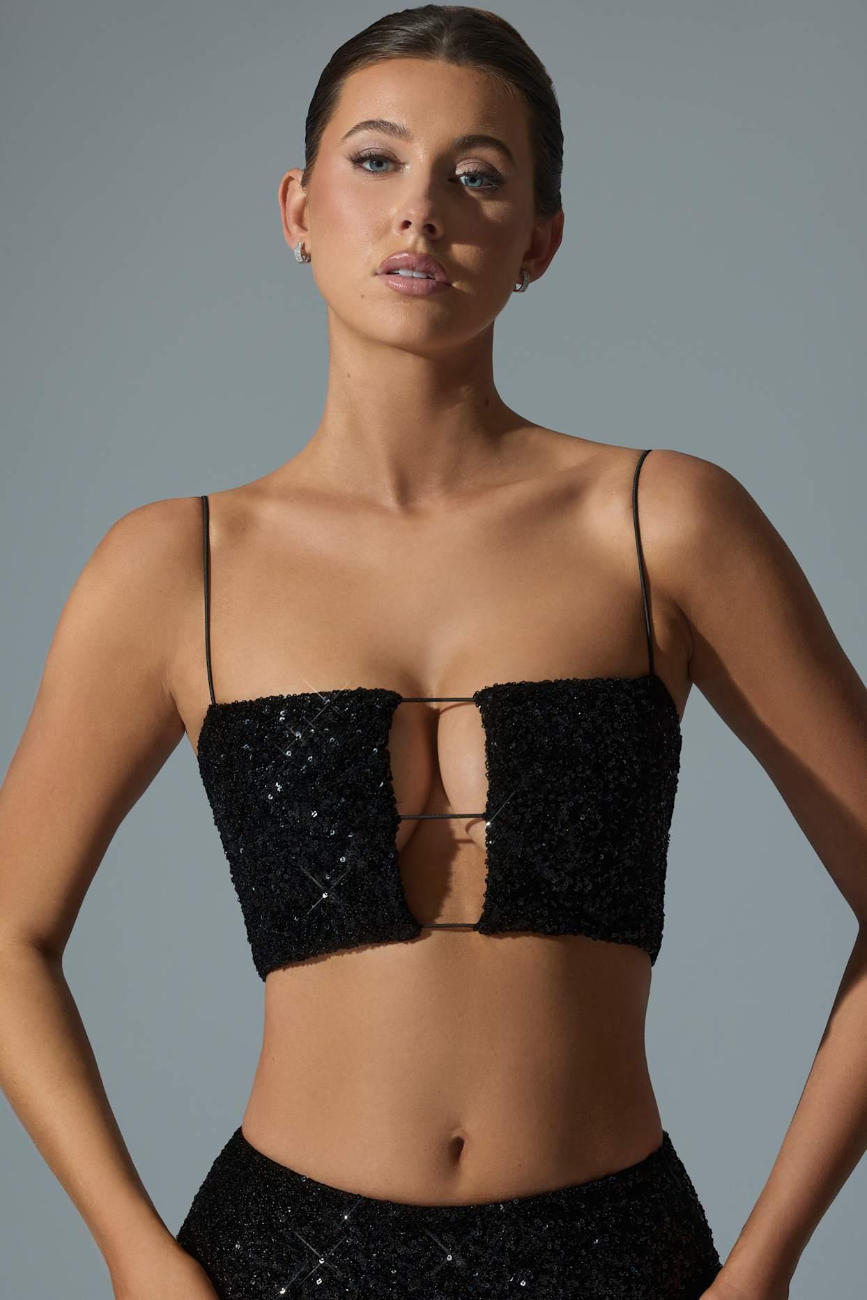 Embellished Cut-Out Crop Top in Black Product Image