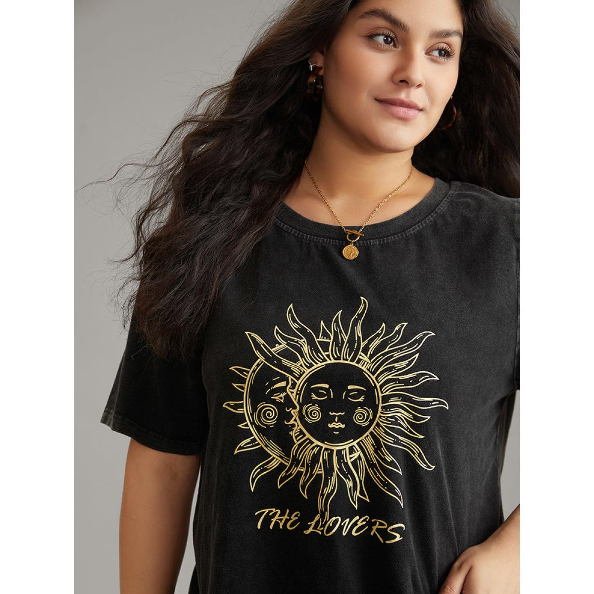 Plus Size Vintage Horoscope Print Crew Neck T-shirt Black Women Elegant Printed Tarot elements Dailywear T-shirts BloomChic 26/4X Product Image