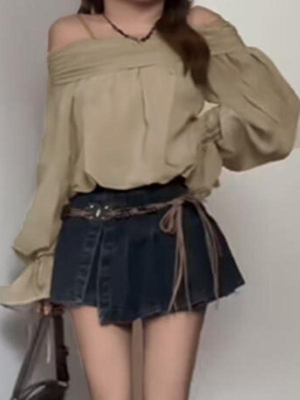 Off Shoulder Tie Up Puff Sleeve Long Sleeve Blouse Product Image