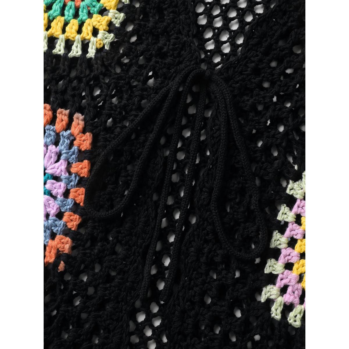 Plus Size Colorful Floral Crochet Tie Knit Cardigan Black Women Playful Loose Long Sleeve Vacation Cardigans BloomChic 22-24/3X Product Image
