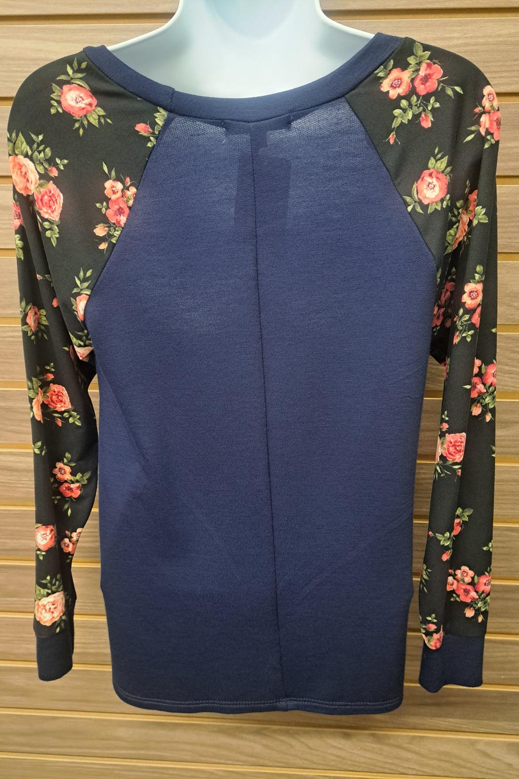 Blue black floral pocket LS top Product Image