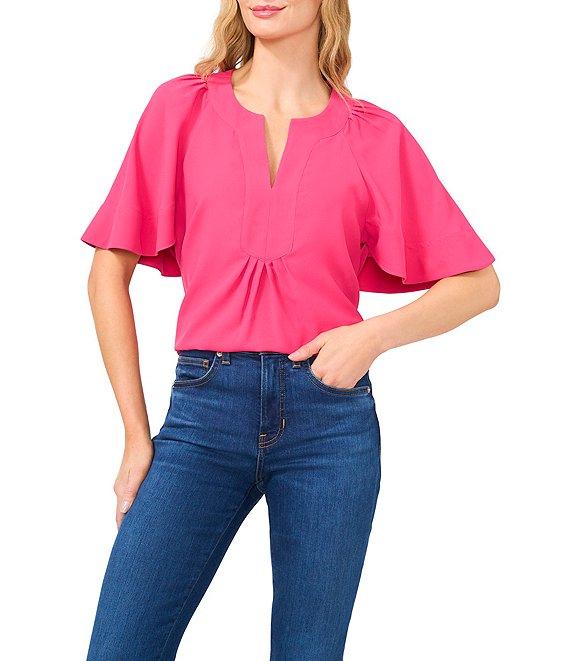 CeCe Split Round Neck Flutter Sleeve Blouse Product Image