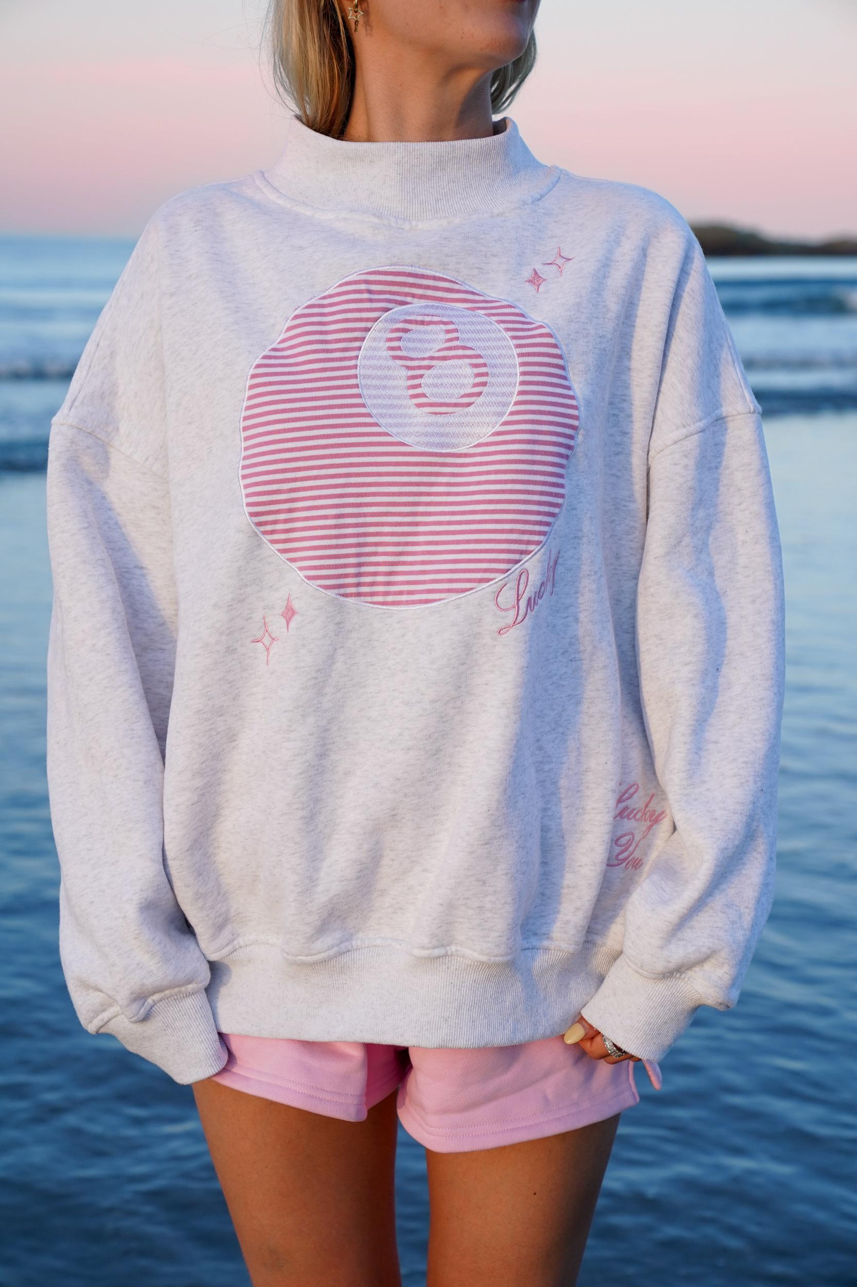 Pearl Grey Lucky You 8 Ball Mockneck Embroider Sweatshirt Product Image