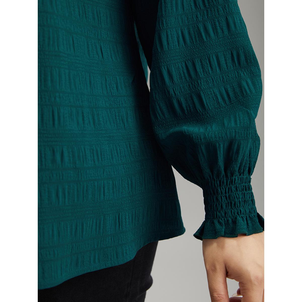 Plus Size Cyan Plain Textured Shirred Gathered Blouse Women Elegant Long Sleeve Round Neck Dailywear Blouses BloomChic 18-20/2X Product Image