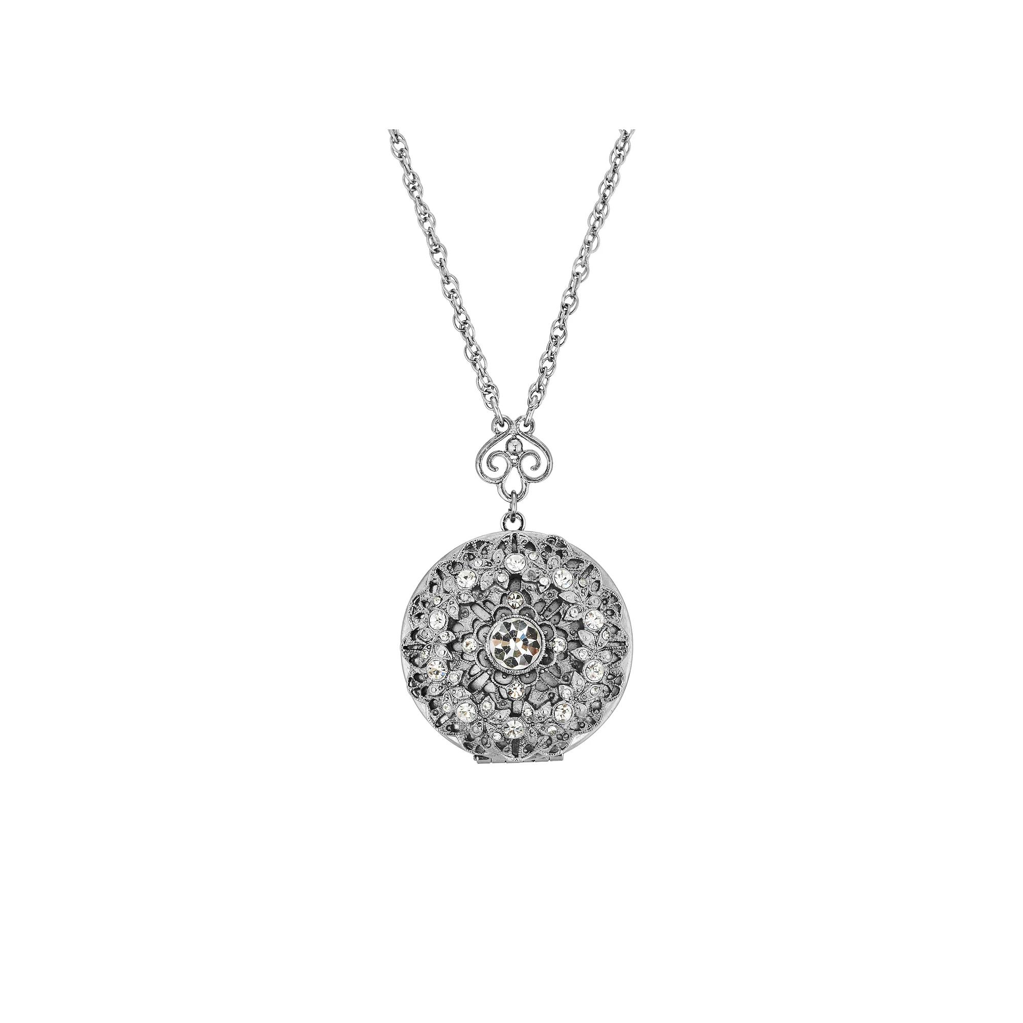 1928 Silver Tone Round Simulated Crystal Locket Necklace, Womens, Clear Product Image