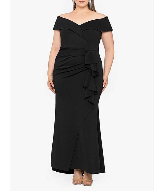 Xscape Plus Size Sleeveless Sweetheart Neck Cascade Ruffled Long Scuba Crepe Dress Product Image
