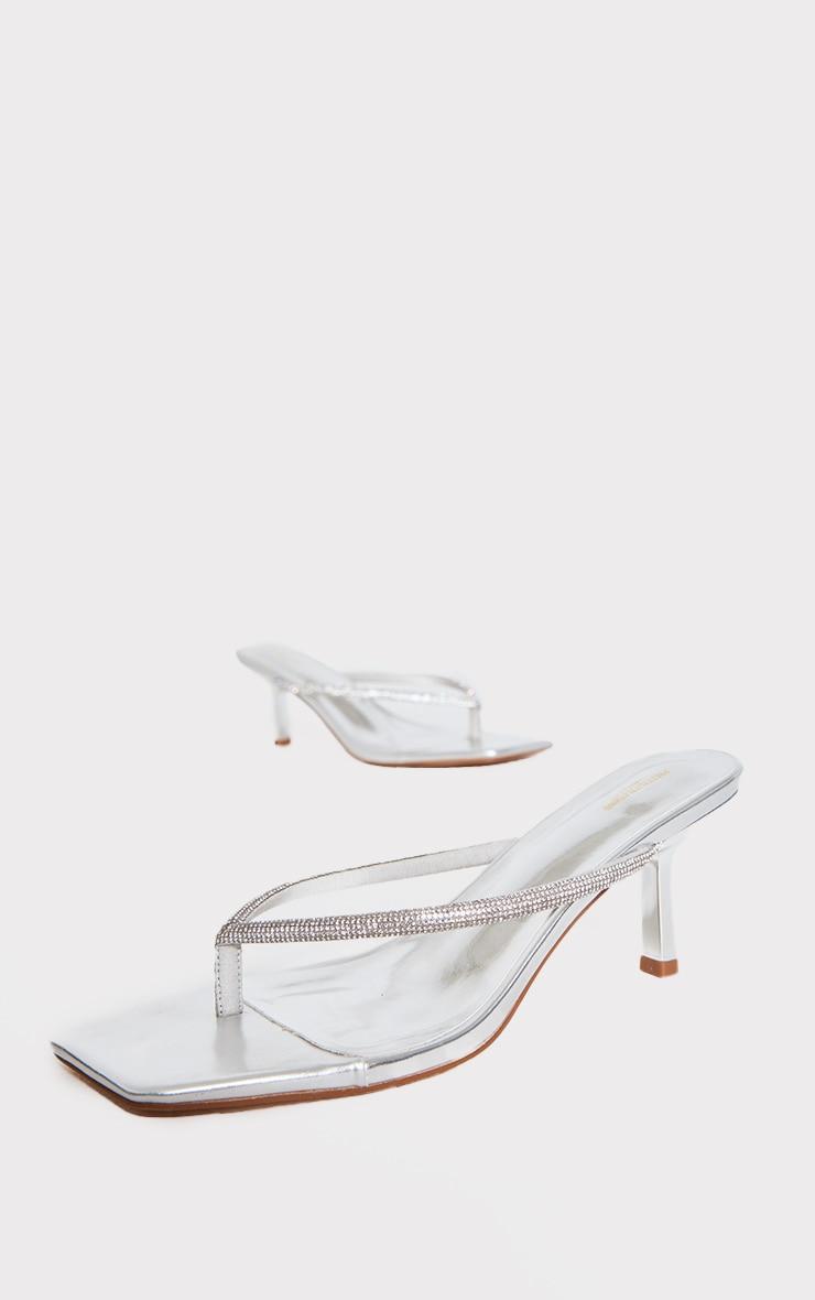 Silver PU Wide Fit Square Toe Diamante Toe Thong Mid Heeled Mules Product Image