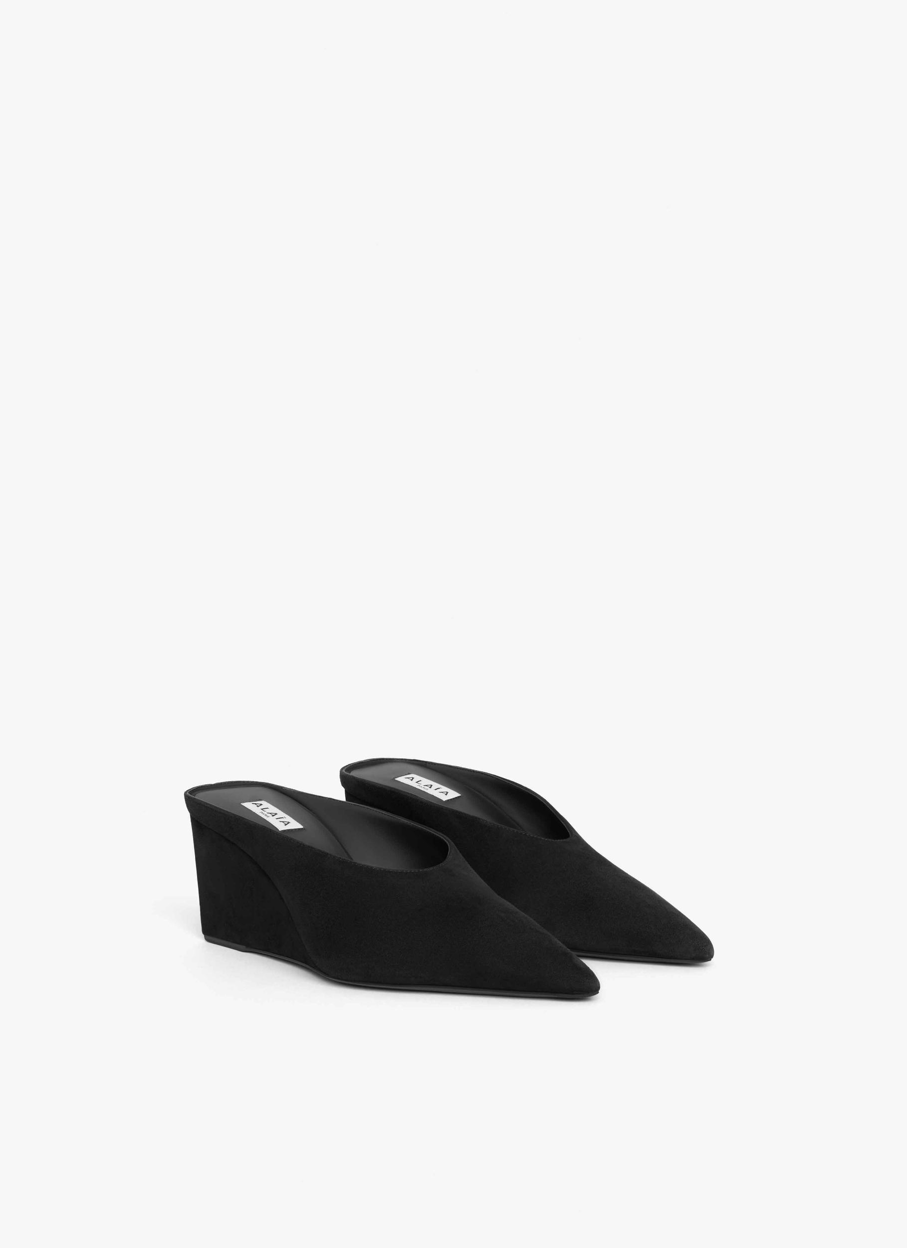 BLACK CUBE WEDGE MULES IN SUEDE GOATSKIN Product Image