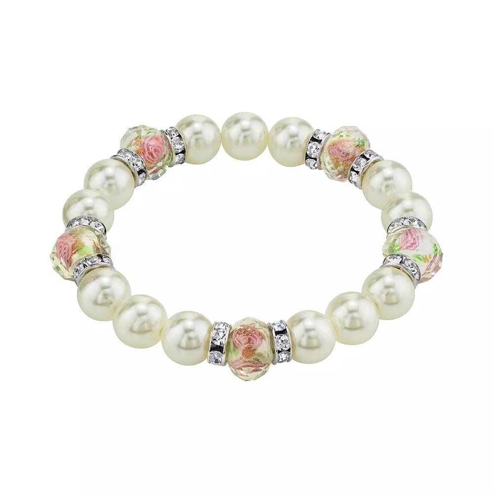 1928 Flower Bead & Simulated Crystal Stretch Bracelet, Women's, White Product Image