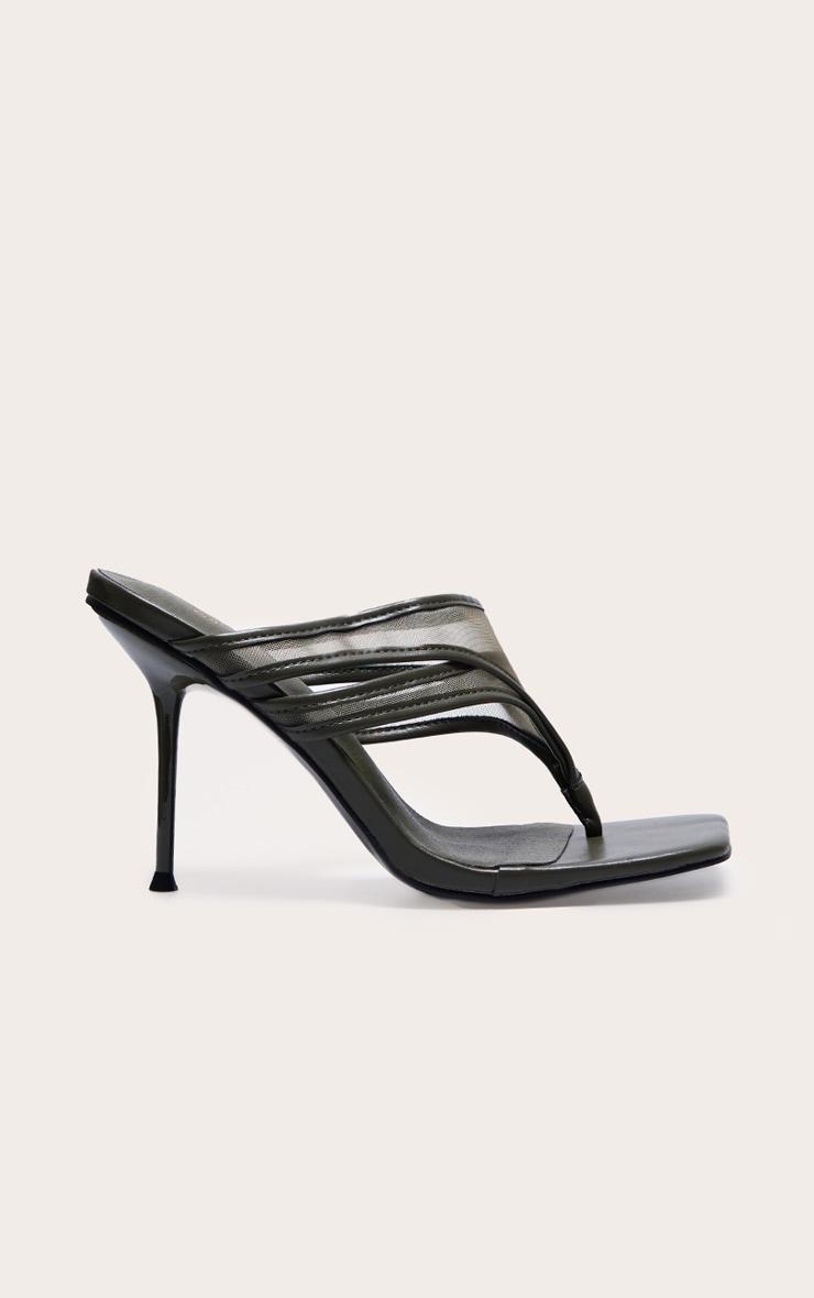 Wide Fit Olive Square Toe Double Mesh Thong Stiletto Heeled Mules Product Image