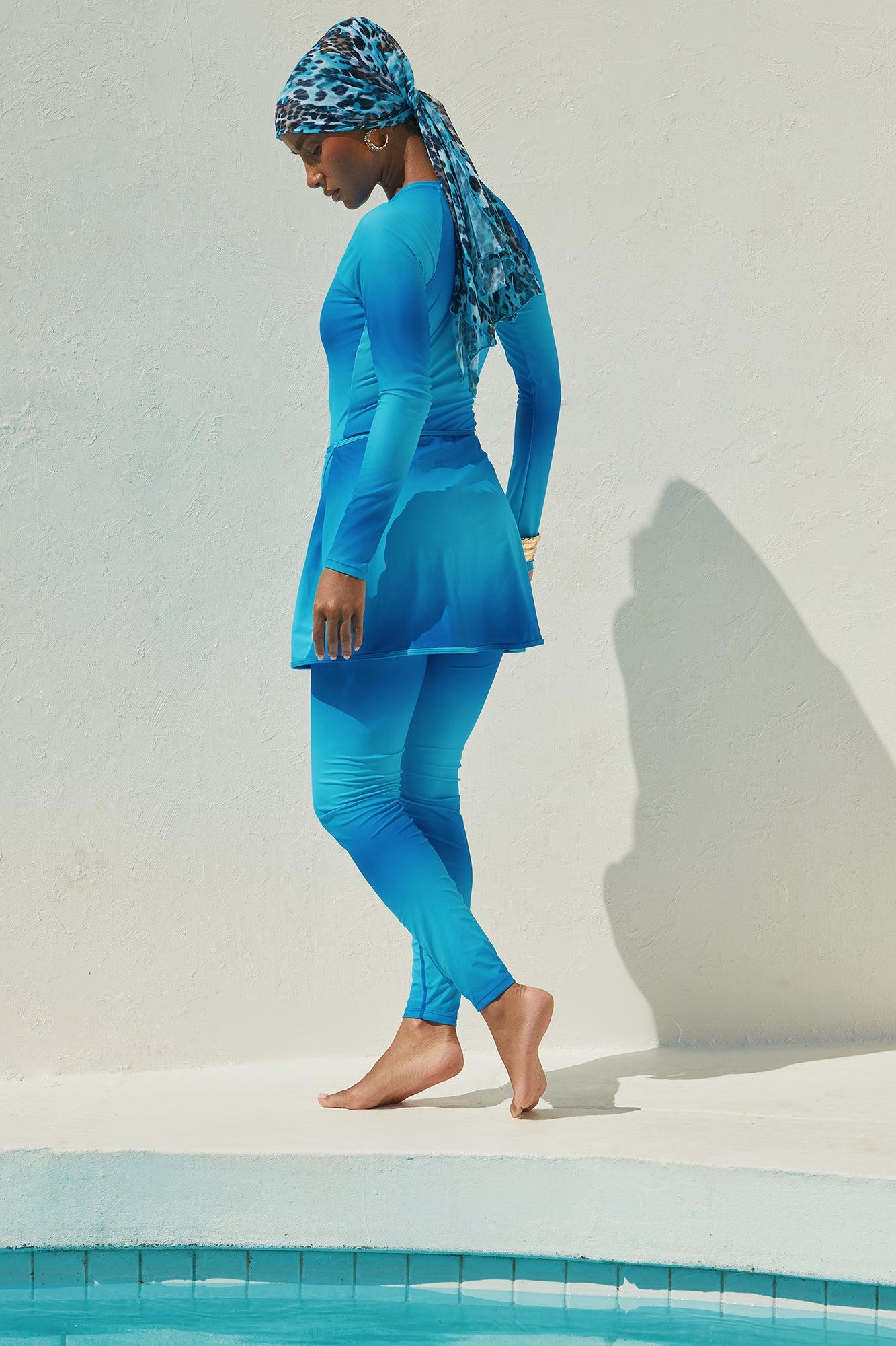 Fatima Rashguard Leggings & Skirt 3 Piece Burkini Swimsuit Set - Blue/combo Product Image